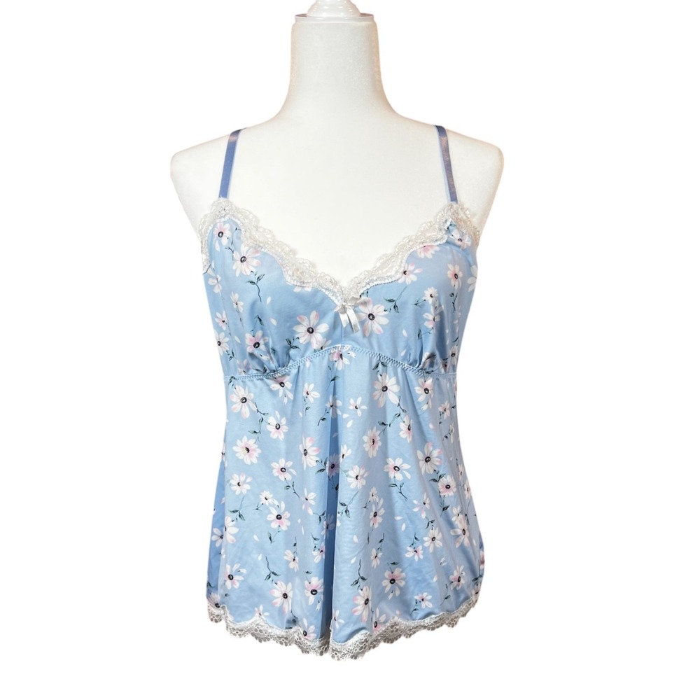 Laura Ashley Tank Top XL Blue Floral Y2K‎ Cottagecore Soft Girl Lace Babydoll